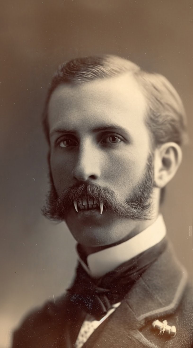 A sepia-toned portrait of a man with a combed side part and a thick handlebar mustache, showing elongated vampire fangs.