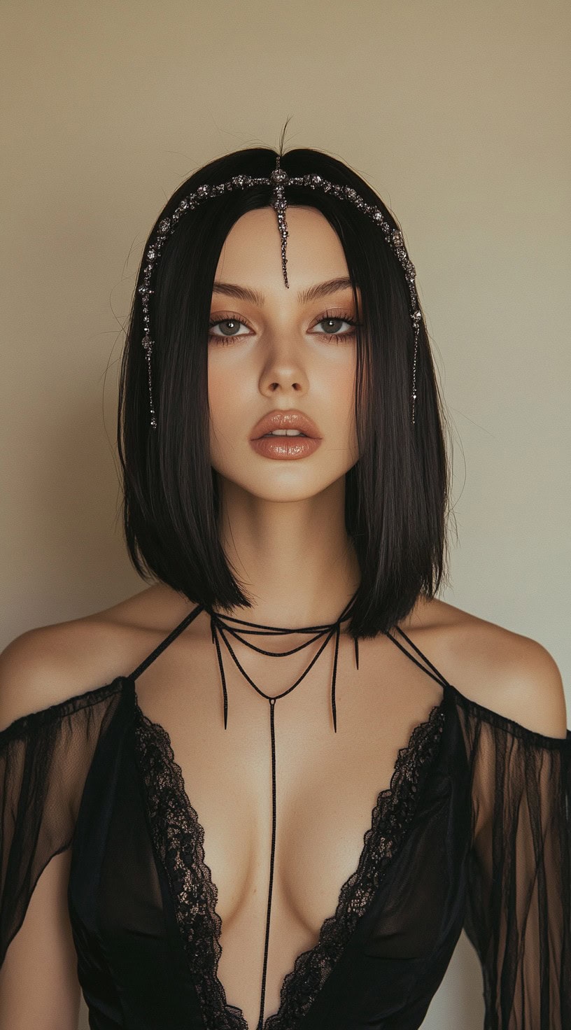 This photo shows a woman with a sleek, middle-parted long bob adorned with jewel accessories.