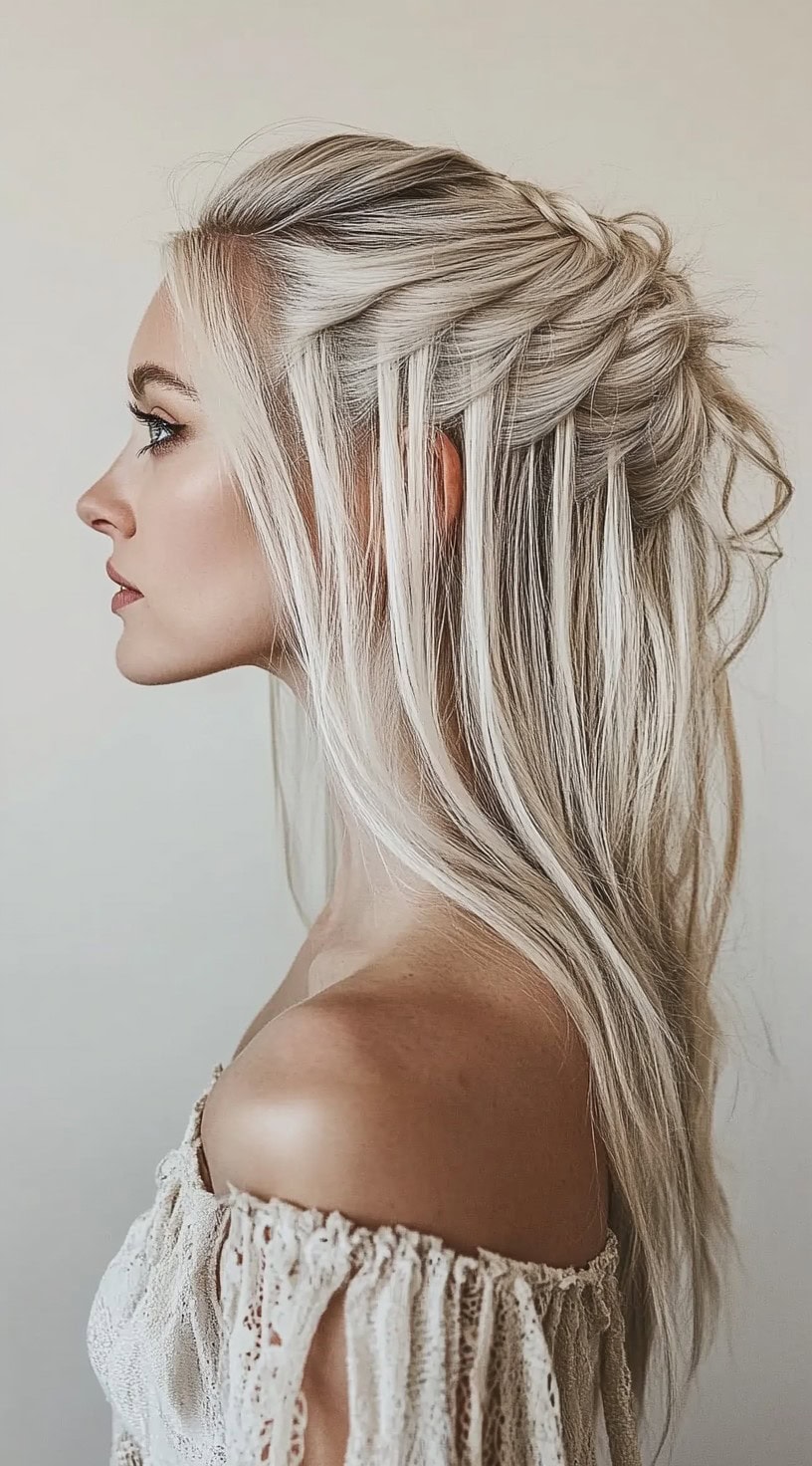 In this image, a woman with long, straight hair is styled into an elegant waterfall half-up braid.