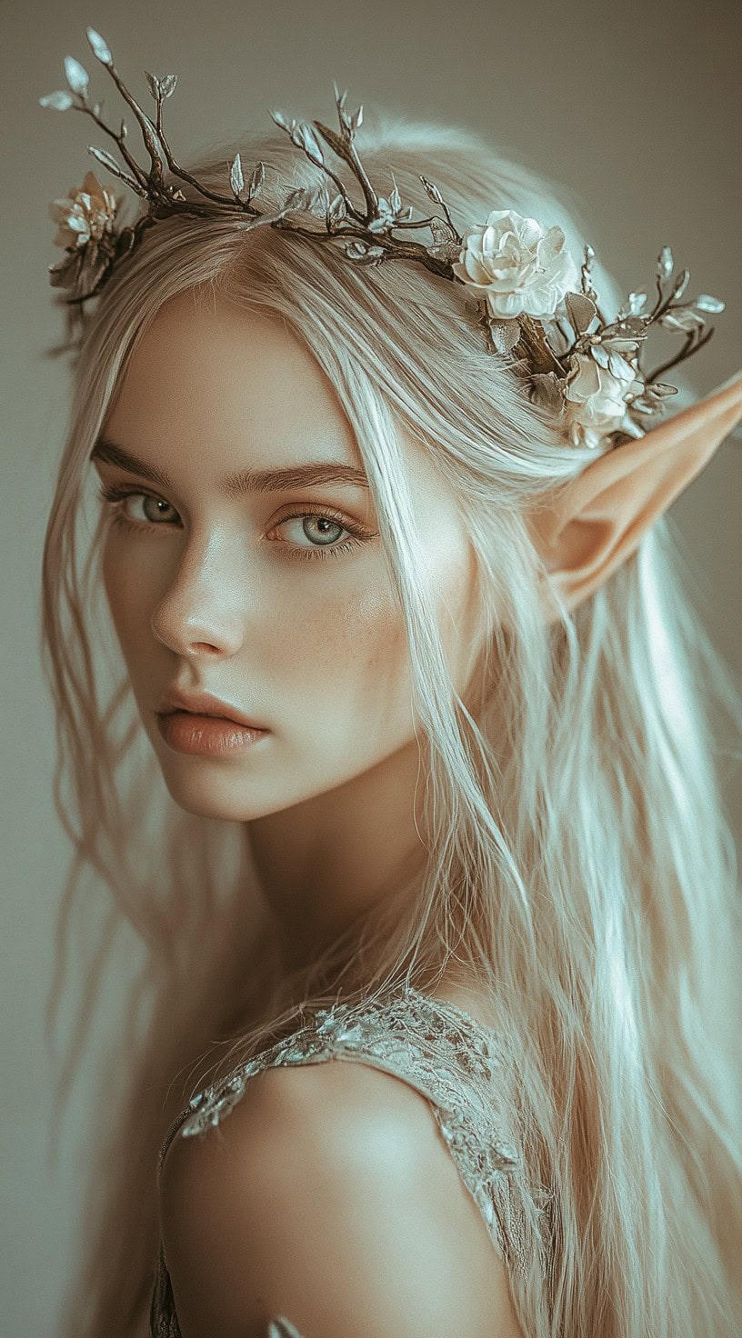 In this photo, a woman with sleek, straight blonde hair is adorned with twig accessories and elven ear cuffs, giving her a mystical appearance.