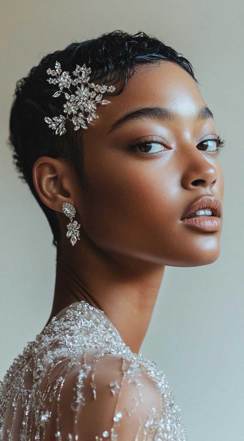 A side profile of a woman with short, sleek finger waves adorned with a sparkling hair accessory.