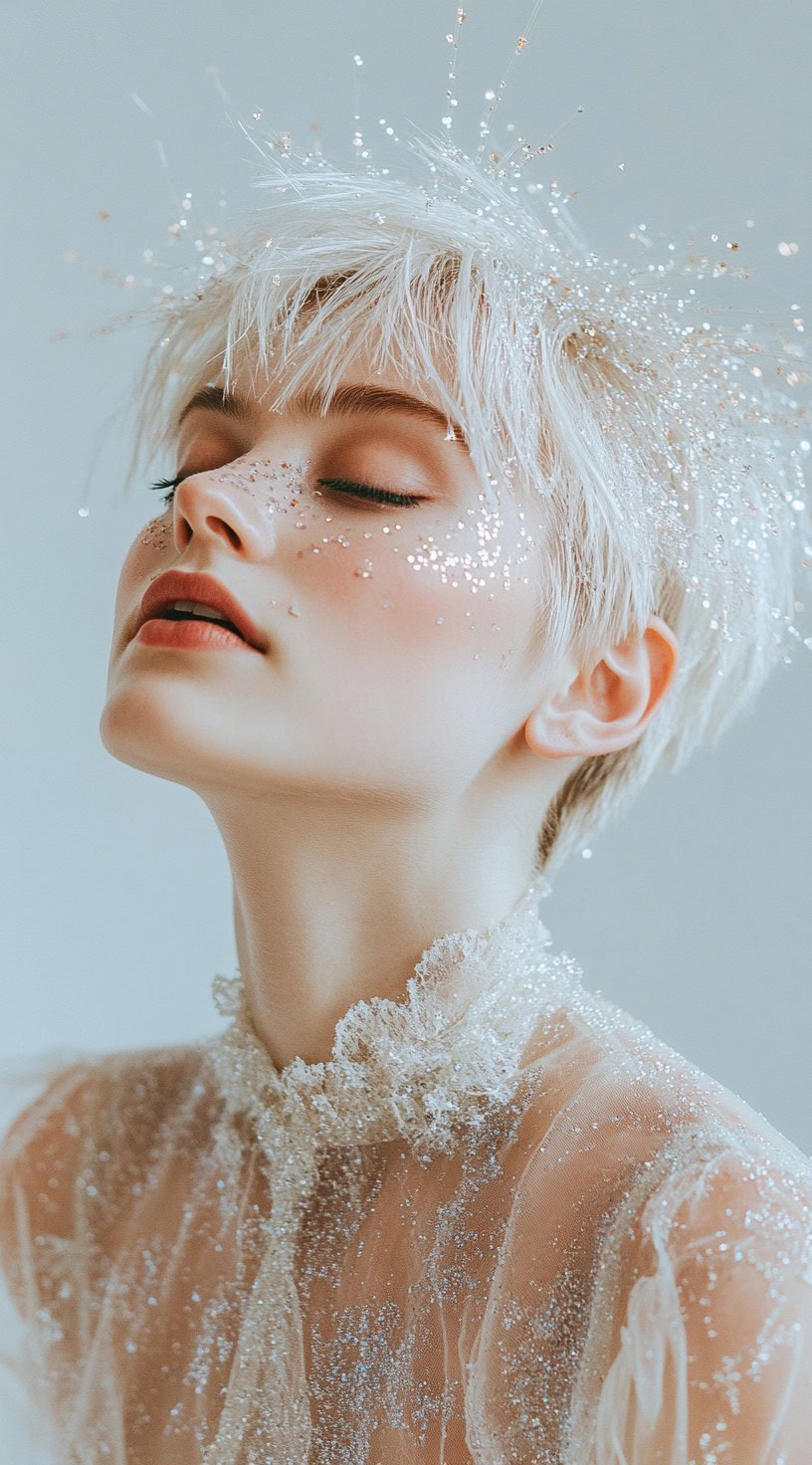 In this image, a woman with a short pixie cut is adorned with glitter sprinkled throughout her hair, creating a magical look.