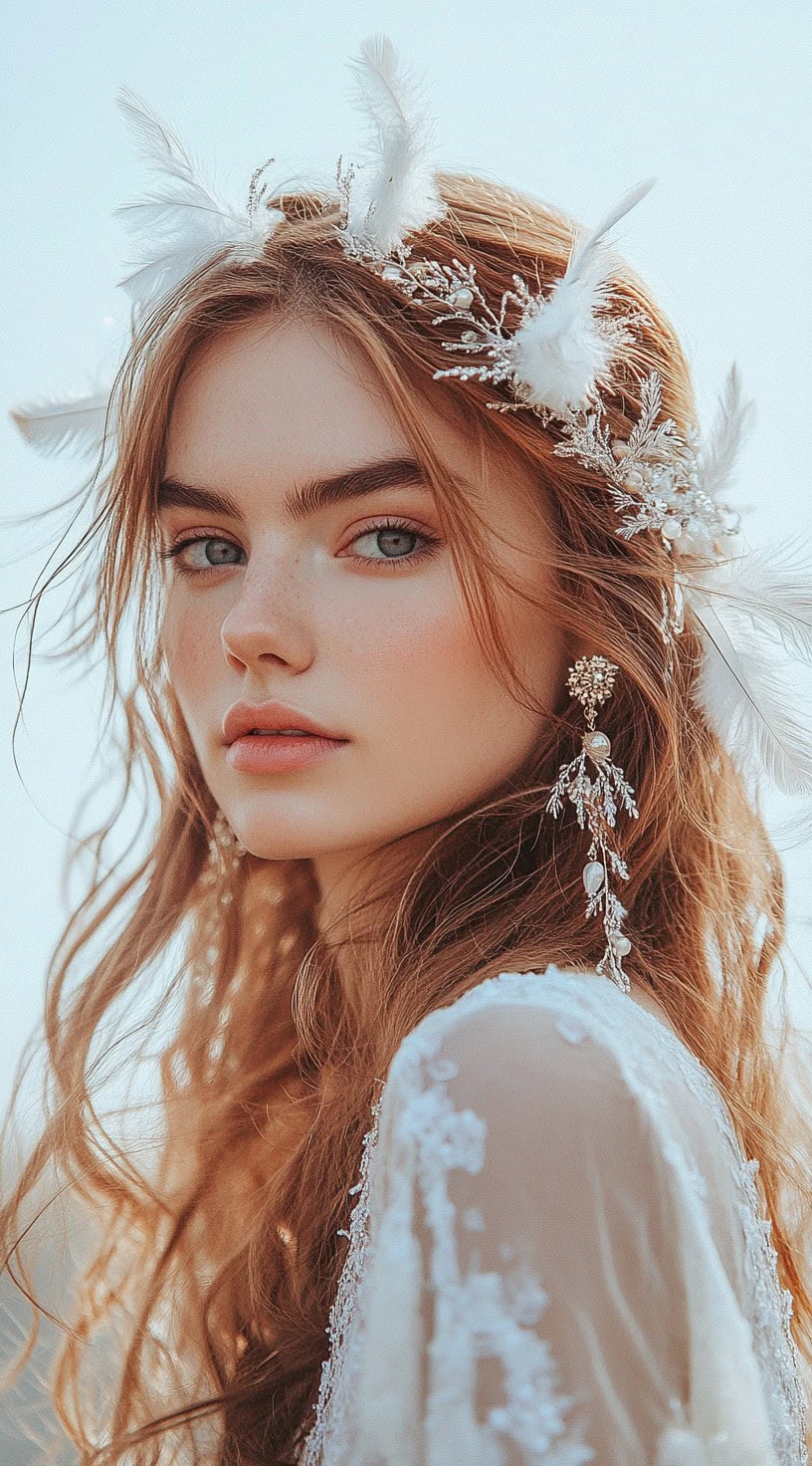 Close-up view of a woman with loose waves and a feathered crown, evoking a dreamy and ethereal style.