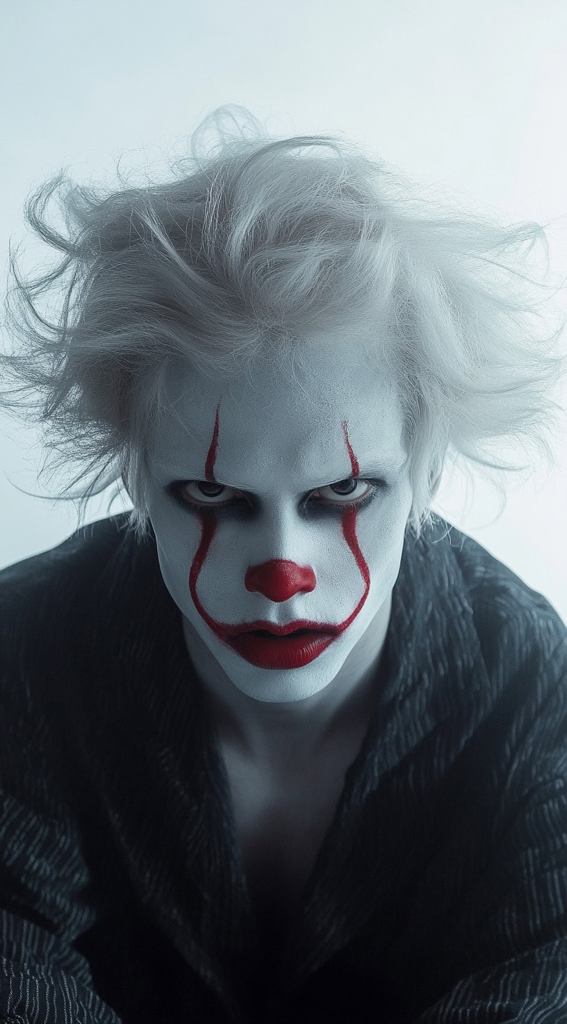 Clown with bright colored hair styled into wild, chaotic spikes, paired with intense makeup.