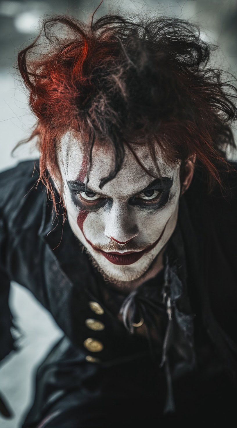 Man dressed as an evil clown pirate with tousled red hair and black highlights, sporting white face paint and dark makeup.