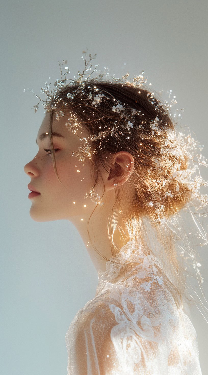 This photo shows a woman with a soft low updo adorned with glitter and floral accessories.