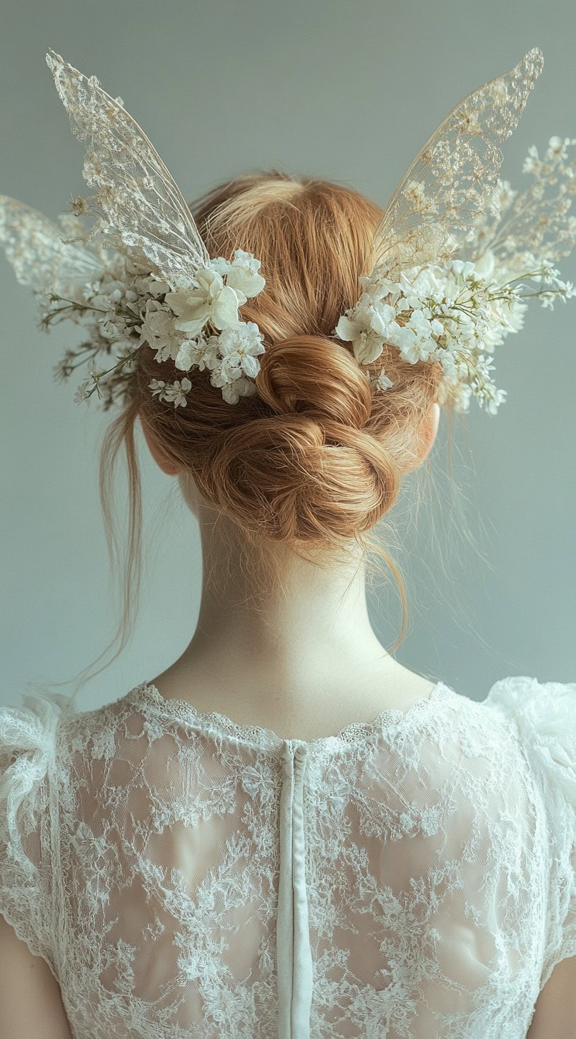 In this picture, a woman with her hair styled into an elegant updo is adorned with fairy wings and white flowers.