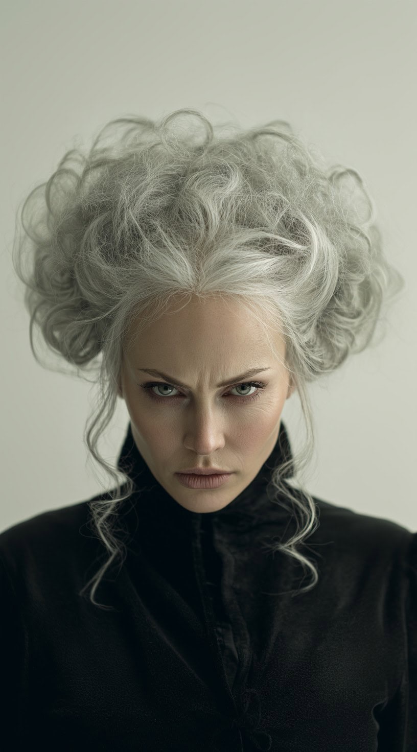 A woman with wild, voluminous gray curls styled into a dramatic shape with face-framing tendrils and intense gaze.