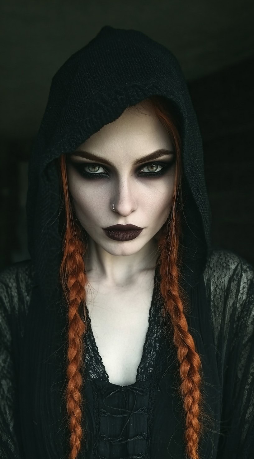 A woman with straight, vibrant red braids worn under a dark hood, intense smoky makeup, and gothic attire.