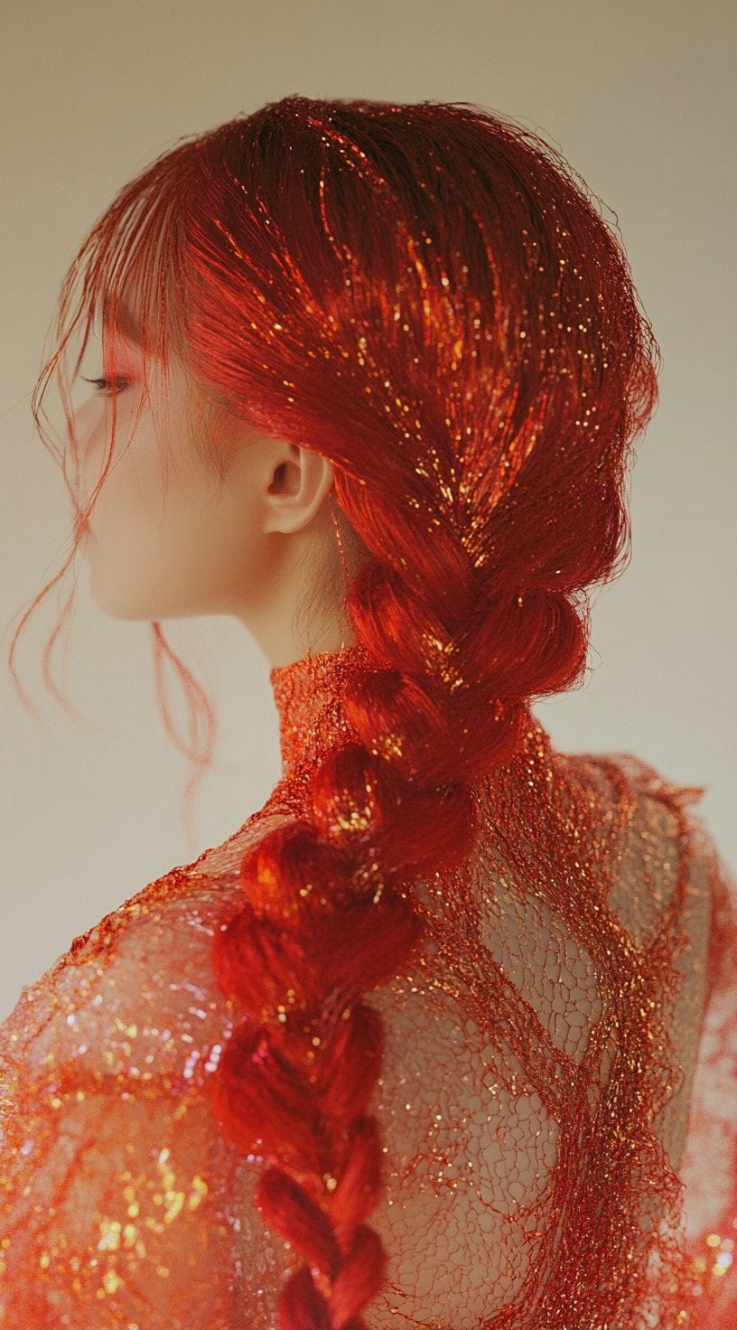 This image shows a person with fiery red hair styled in a braid with glitter accents.