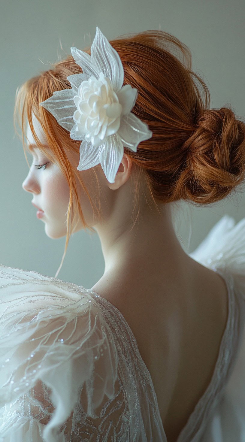 In this image, a woman with fiery red hair is styled into a low updo, accented with a large white flower on the side.