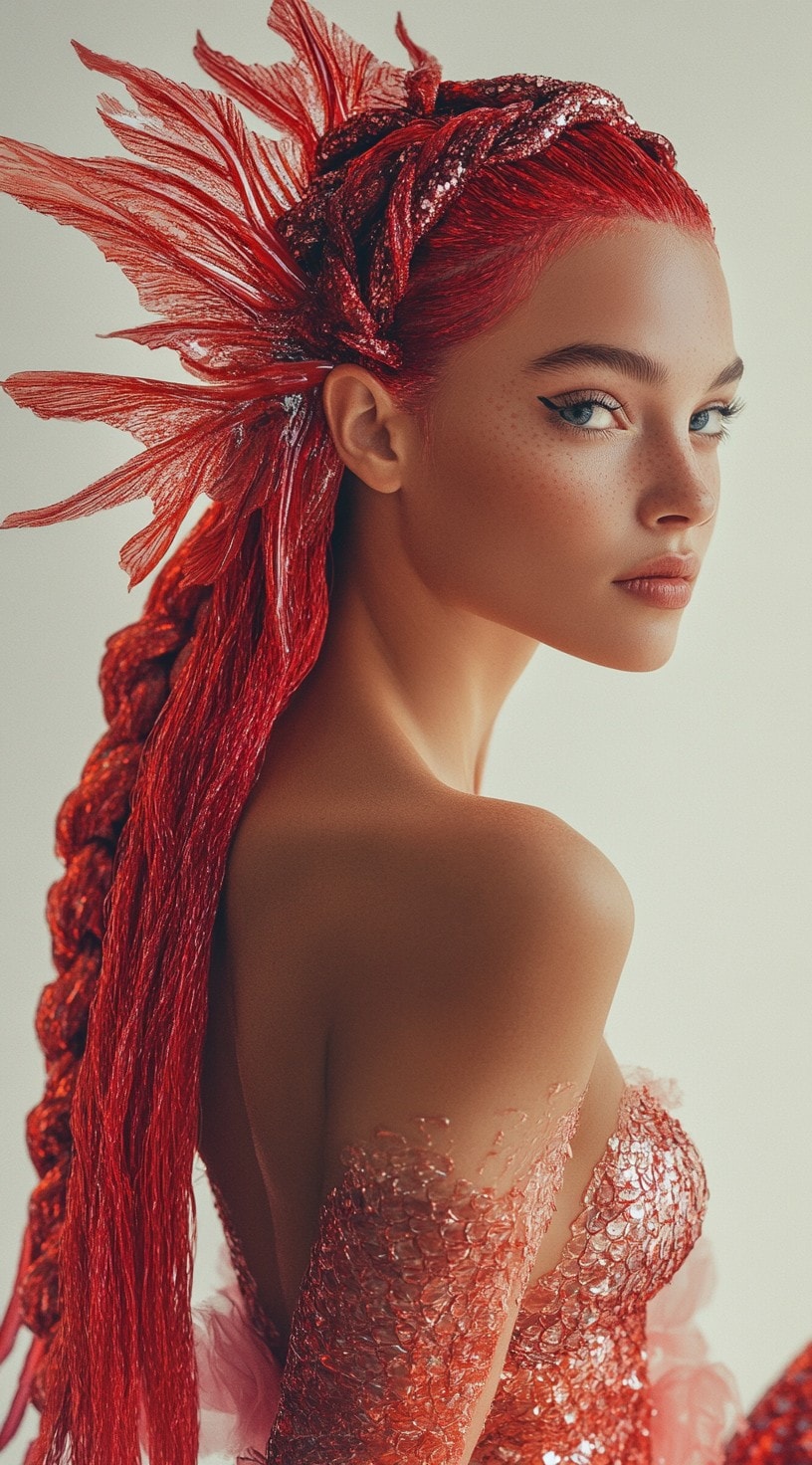 This image shows a person with fiery red hair styled in a long braid, decorated with fin-like accessories.