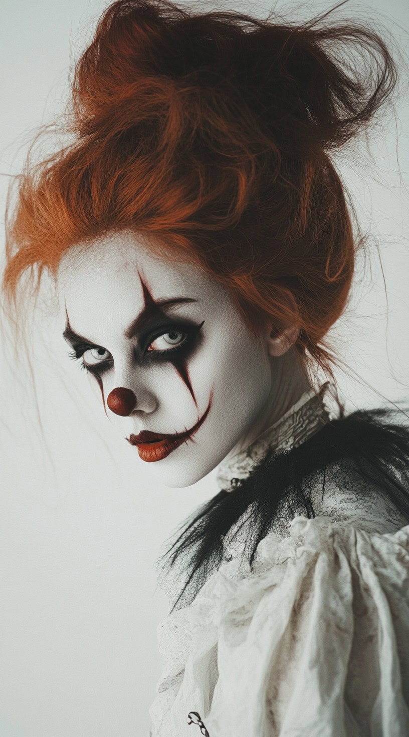 Fiery red hair styled into a voluminous, messy updo with clown makeup.