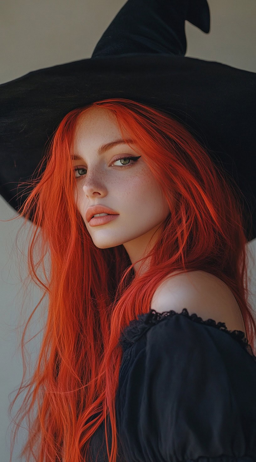 This photo shows a woman with bright orange hair styled with volume and texture.