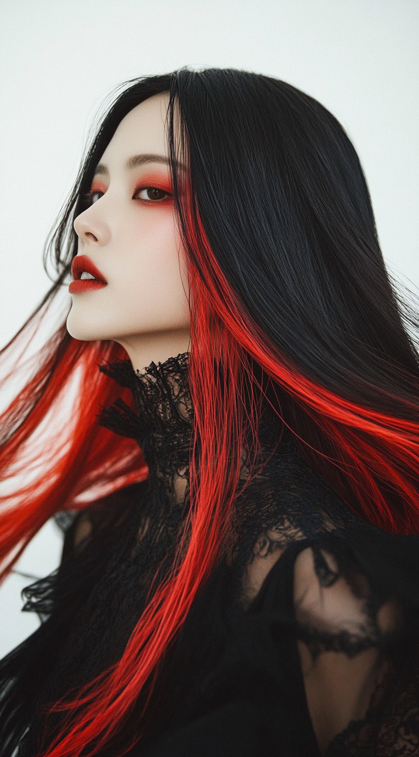 This photo features a woman with sleek black hair and red peekaboo highlights.