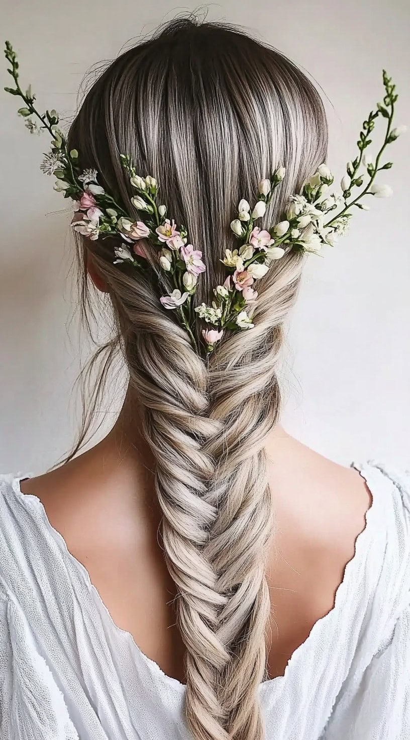 In this photo, a woman with long, blonde hair is styled into a fishtail braid adorned with pink and white floral accessories.