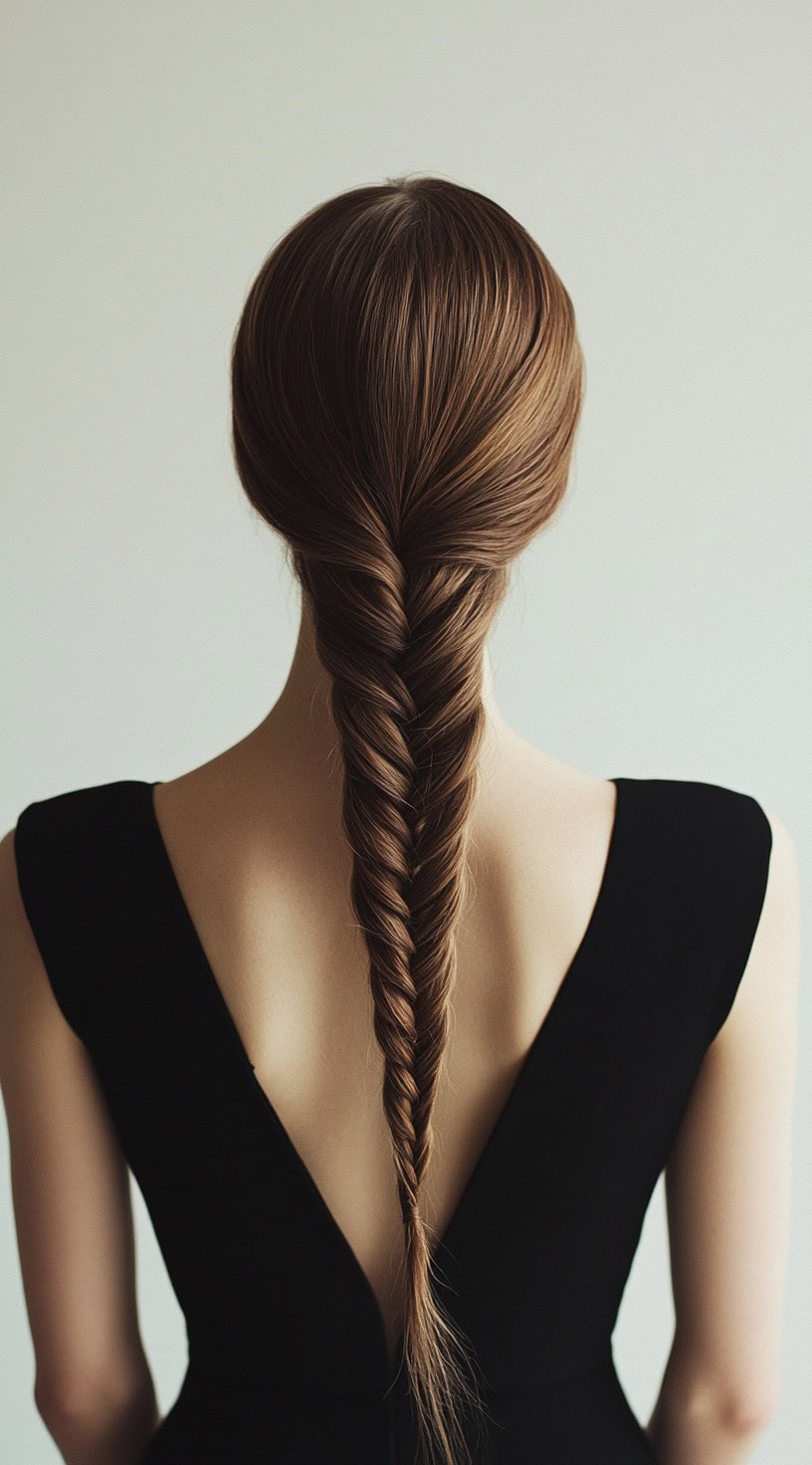 A rear view of a woman with a sleek fishtail braid, wearing a black dress.