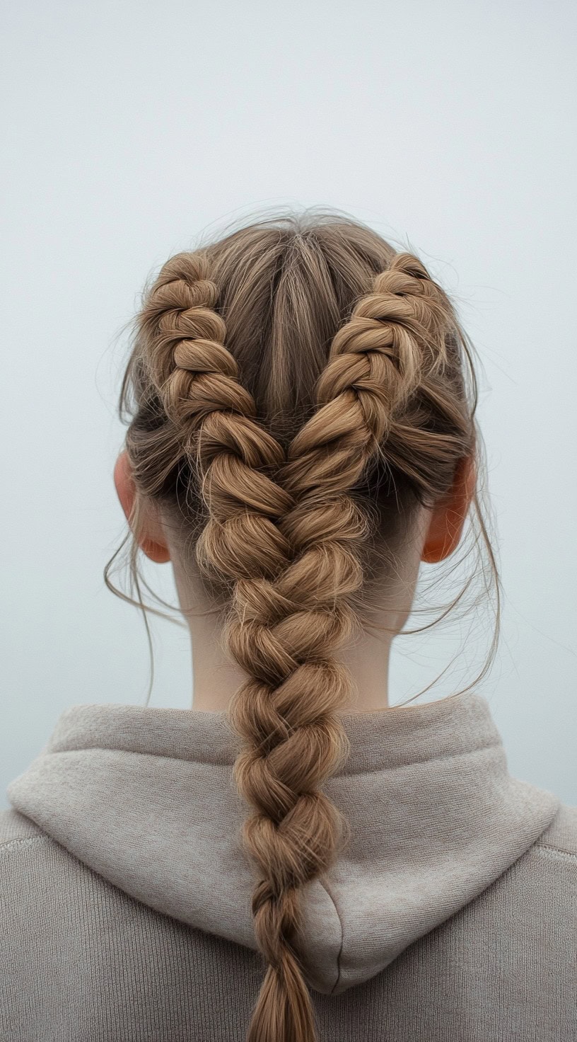 Rear view of a young woman with a fishtail braided crown, wearing a light beige hoodie.