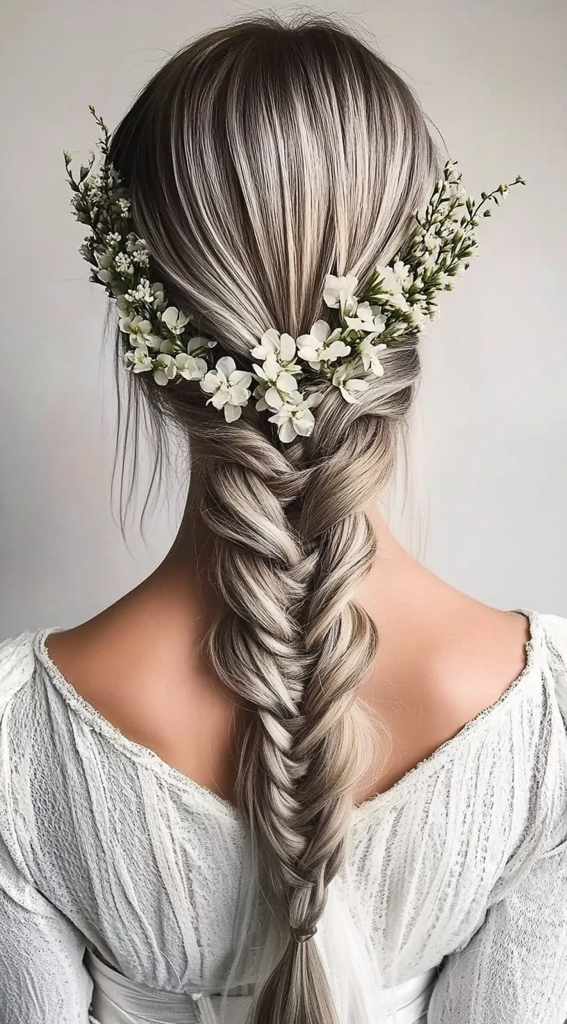 In this photo, a woman with long, blonde hair styled into a fishtail braid is adorned with a floral crown featuring white flowers.