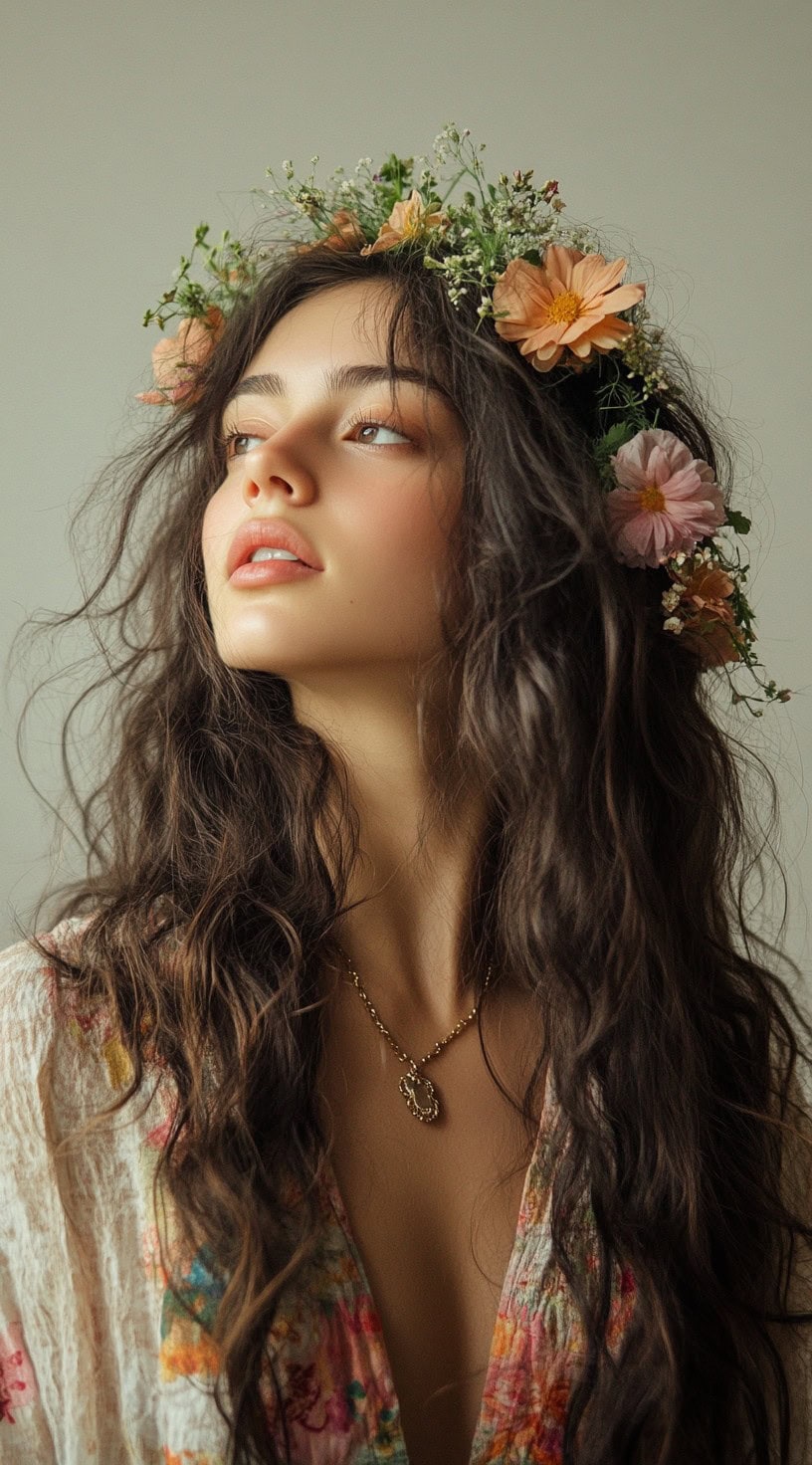 In this image, a woman with long, wavy hair is adorned with a flower crown, creating a soft and ethereal look.