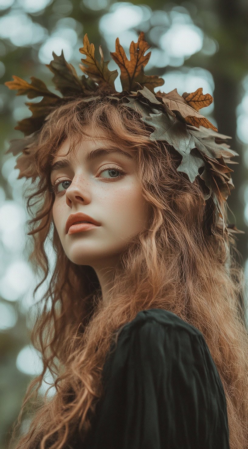 This photo depicts a woman with loose waves, bangs, and leaf hair accessories.