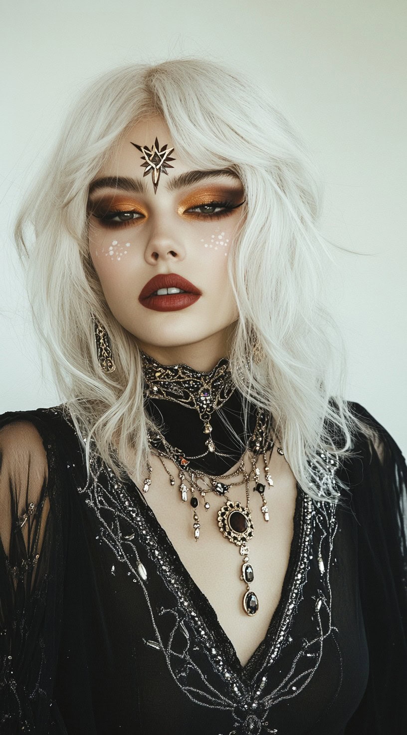 This photo shows a woman with a platinum blonde bob and curtain bangs adorned with mystical jewelry.