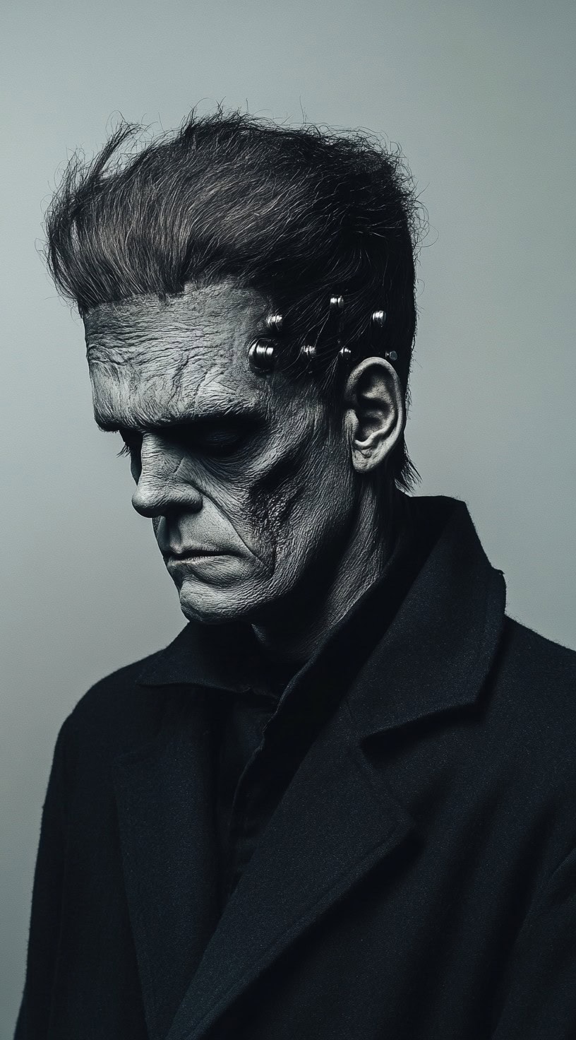 Flat top hairstyle with a worn, rugged look and bolts attached at the sides, evoking Frankenstein's monster.