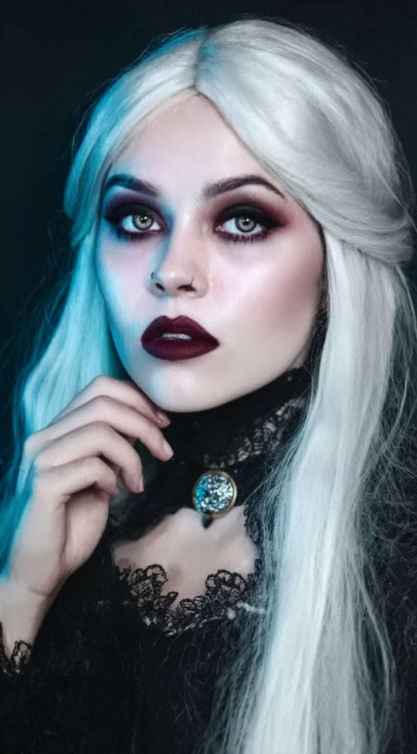 Long white hair styled with soft layers and a middle part, paired with dark gothic makeup.