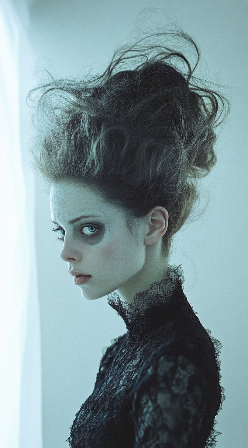 This image depicts a woman with a messy beehive updo, giving off a ghostly appearance.