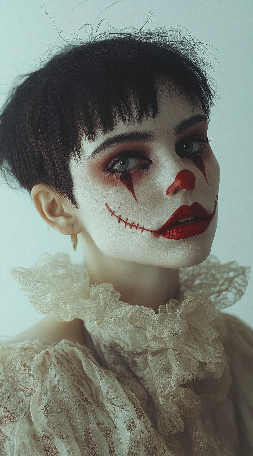 A person with a short, dark pixie cut, styled with gothic clown makeup.