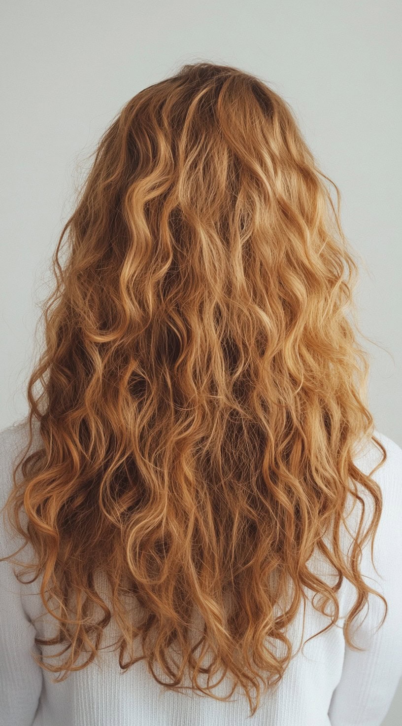 Back view of long, curly hair with golden blonde highlights on a dirty blonde base.