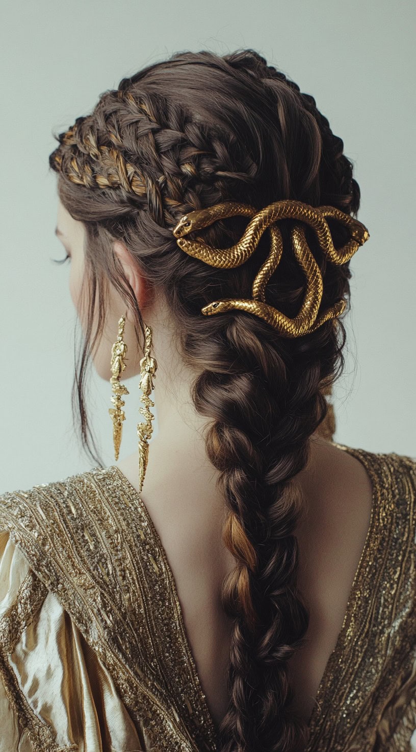 View of the back of a woman's head showcasing a braided updo secured with a golden snake hairpiece.