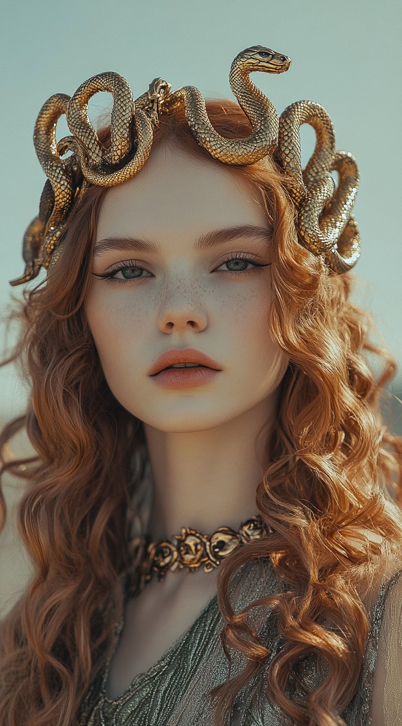 Front view of a woman with golden waves and a crown of intertwined snakes resting on her head.