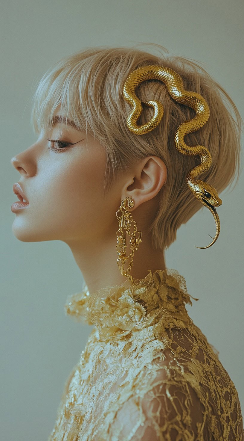 Profile of a woman with a short, platinum blonde haircut, adorned with a golden snake hairpiece.