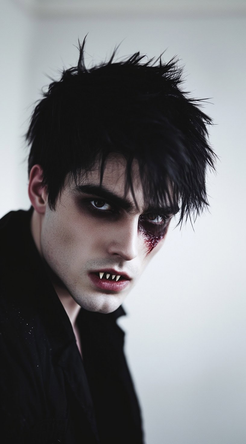 Front-facing shot of a man with short black hair, side bangs, and dramatic eye makeup.