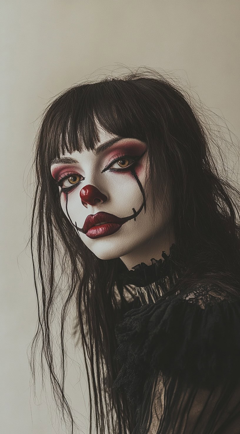 Long, straight dark hair with blunt bangs and clown makeup.