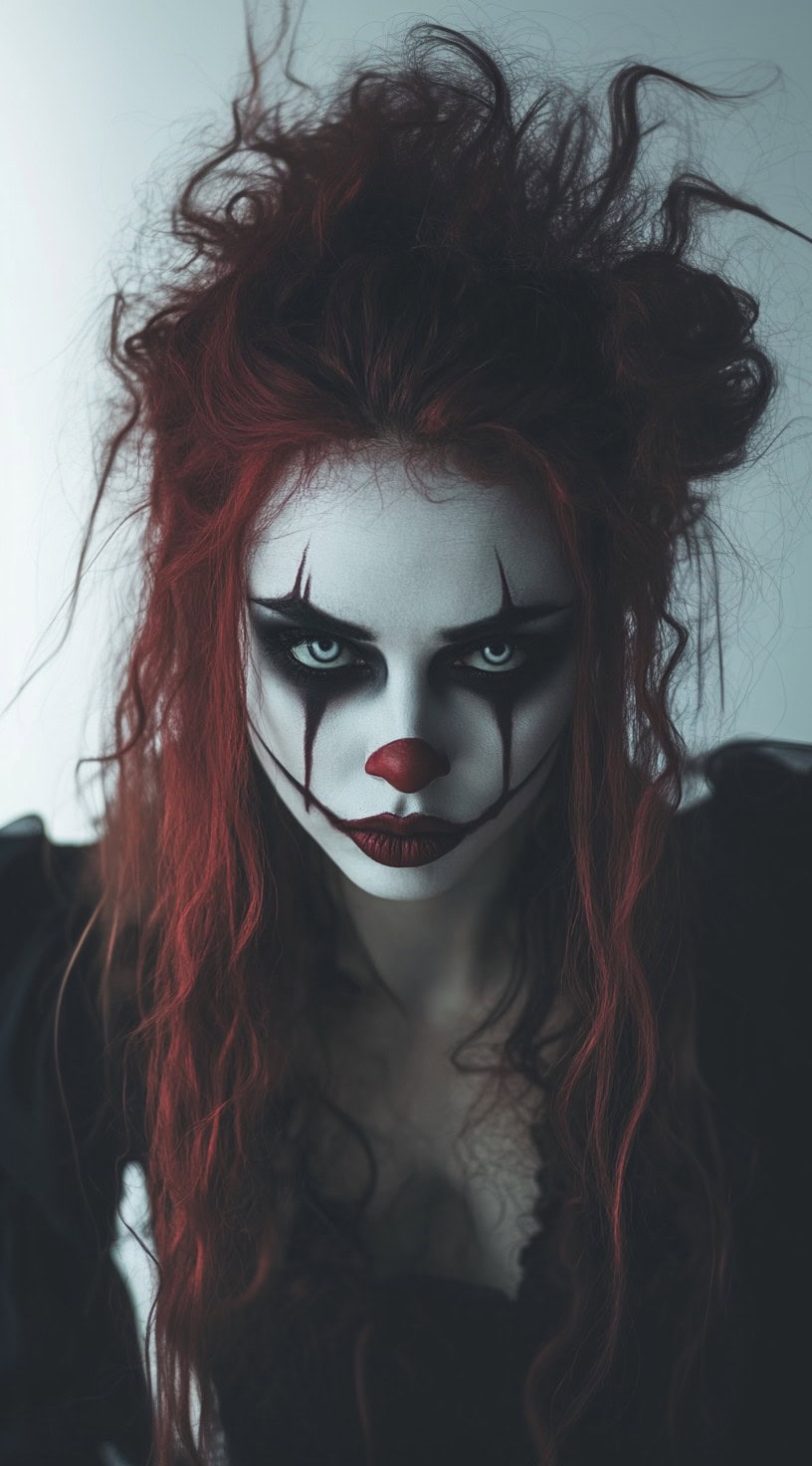 Crimson hair styled in a half-up, half-down messy look with clown makeup.