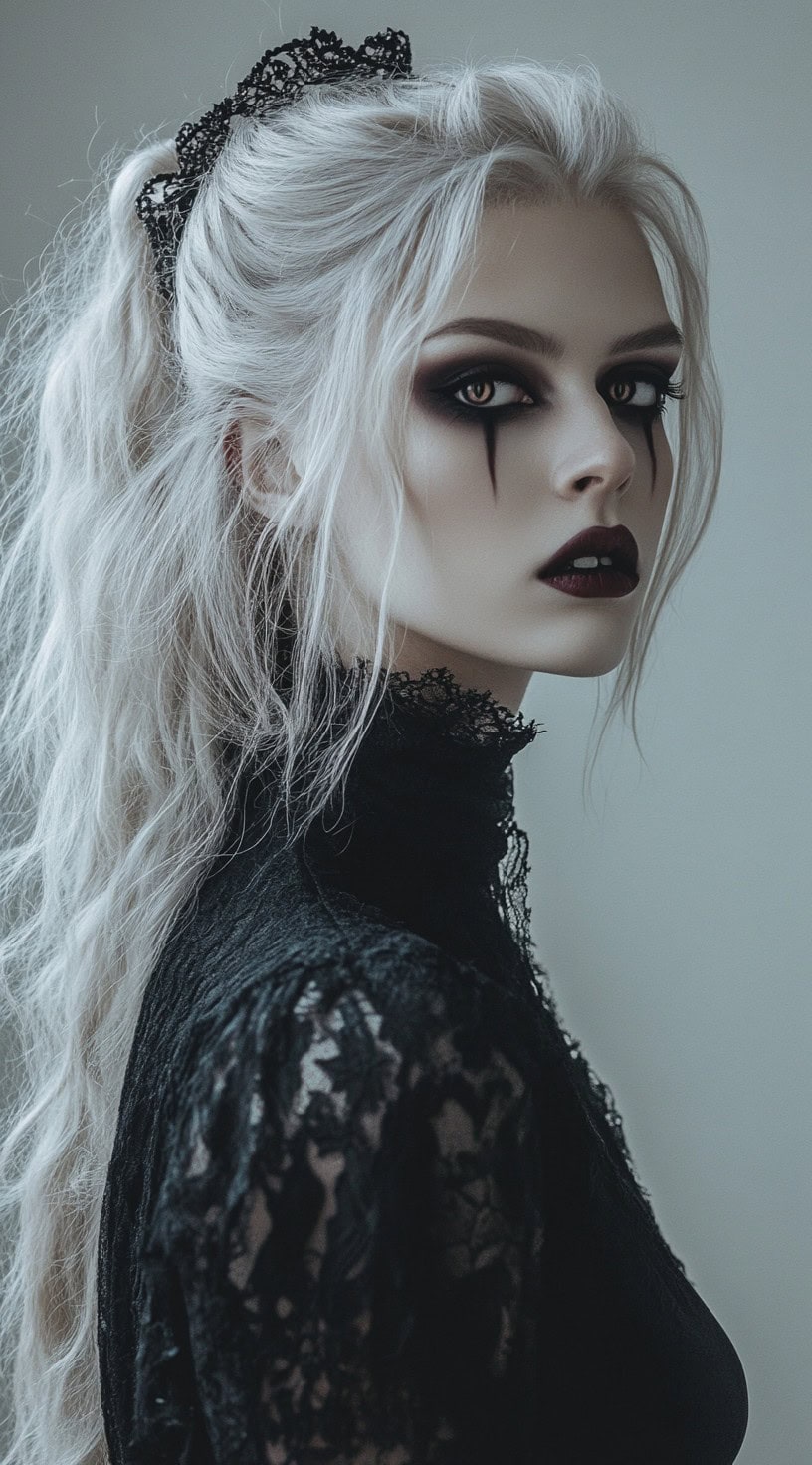 Side view of a woman with a half-up, half-down hairstyle adorned with gothic accessories and vampire makeup.