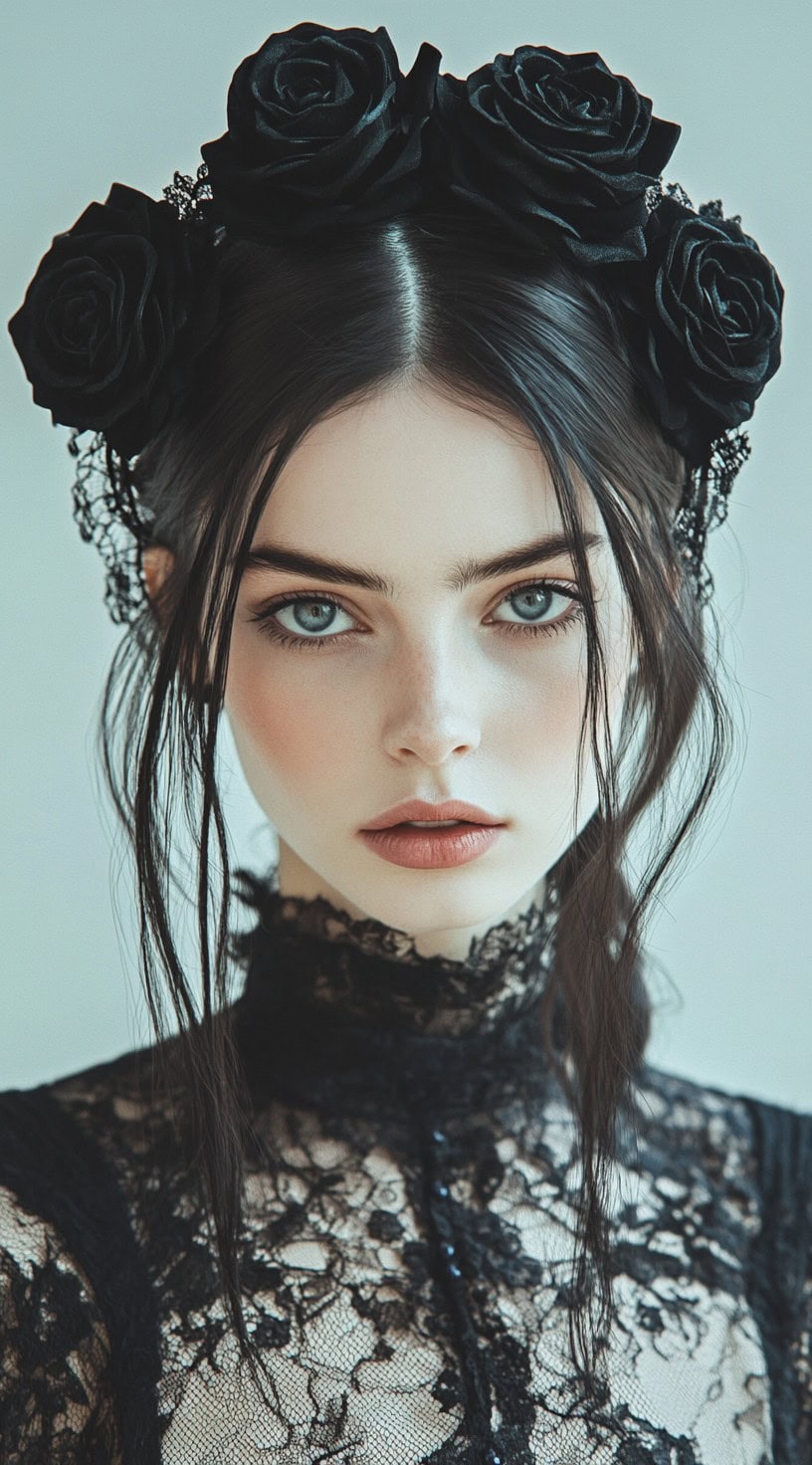 This photograph shows a woman with sleek, middle-parted hair tied back, adorned with black roses and lace accessories.