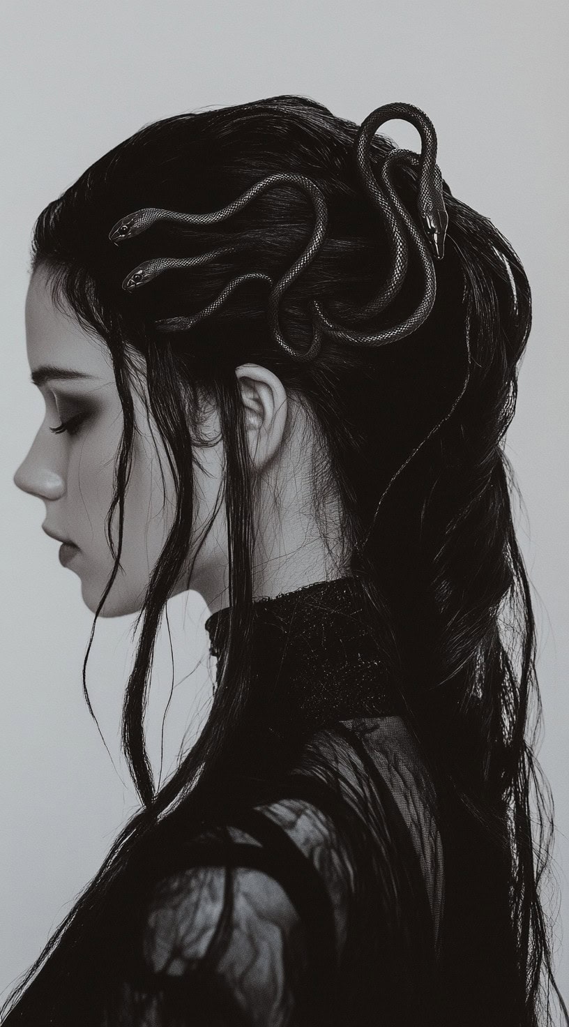 Side profile of a woman with dark, wavy hair styled with black snake hair accessories.