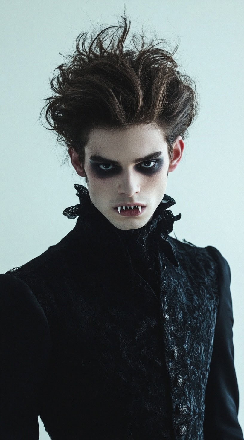 Front-facing shot of a man with highly teased hair and dark, smoky eye makeup.