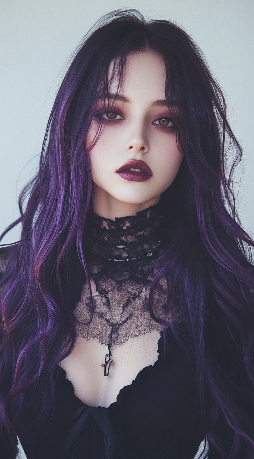 This photo depicts a woman with gradient purple loose waves and a middle part.