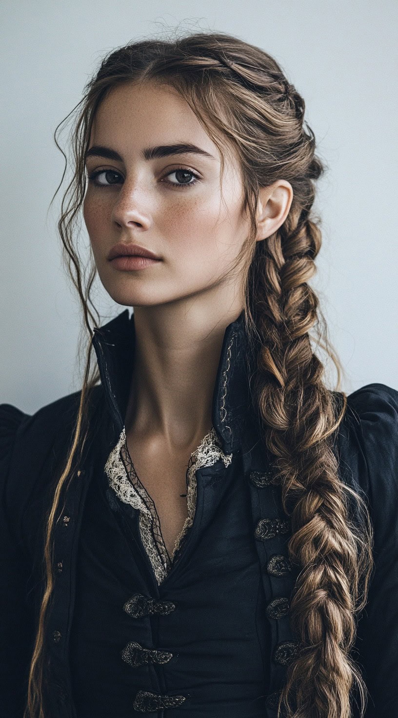 A woman with long hair parted in the middle, styled into a loose braid.