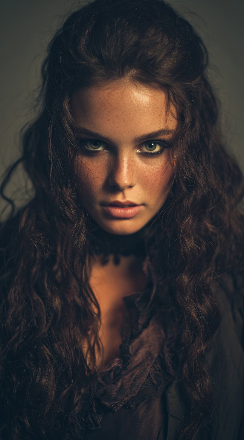 Freckled woman with long, loose natural waves pulled back slightly at the crown and intense smoky eyeliner staring directly at the camera.
