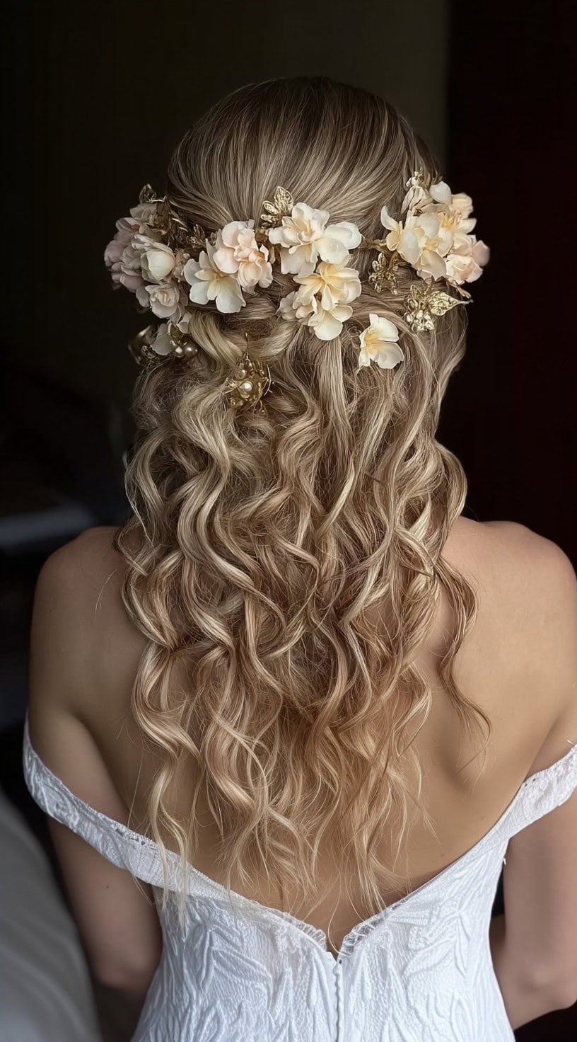 A woman with long, curled blonde hair has the top half pulled back and decorated with soft peach and cream flowers and gold butterfly ornaments.