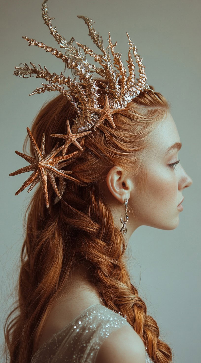 This image shows a person with red hair styled in a half-up half-down do with cascading braids and a sea-themed crown.