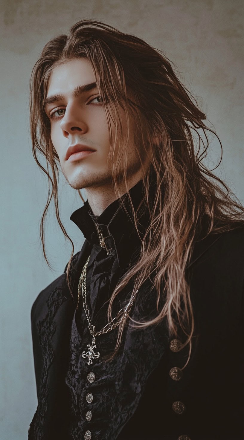 Side profile of a man with long, wavy hair styled half-up half-down with tendrils framing his face.