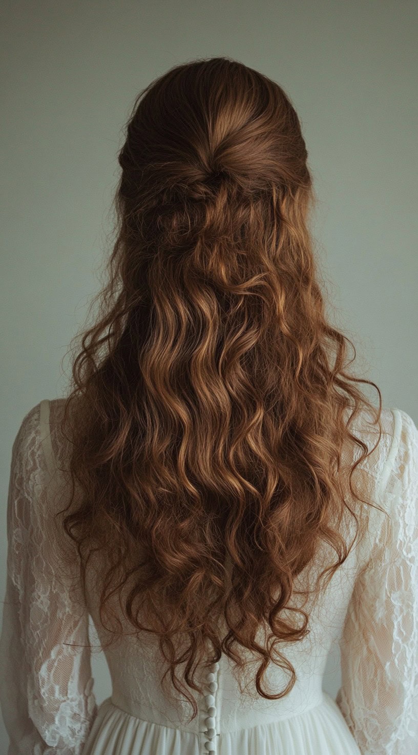 A rear view of a woman with long, wavy hair styled in a half-up, half-down hairstyle.