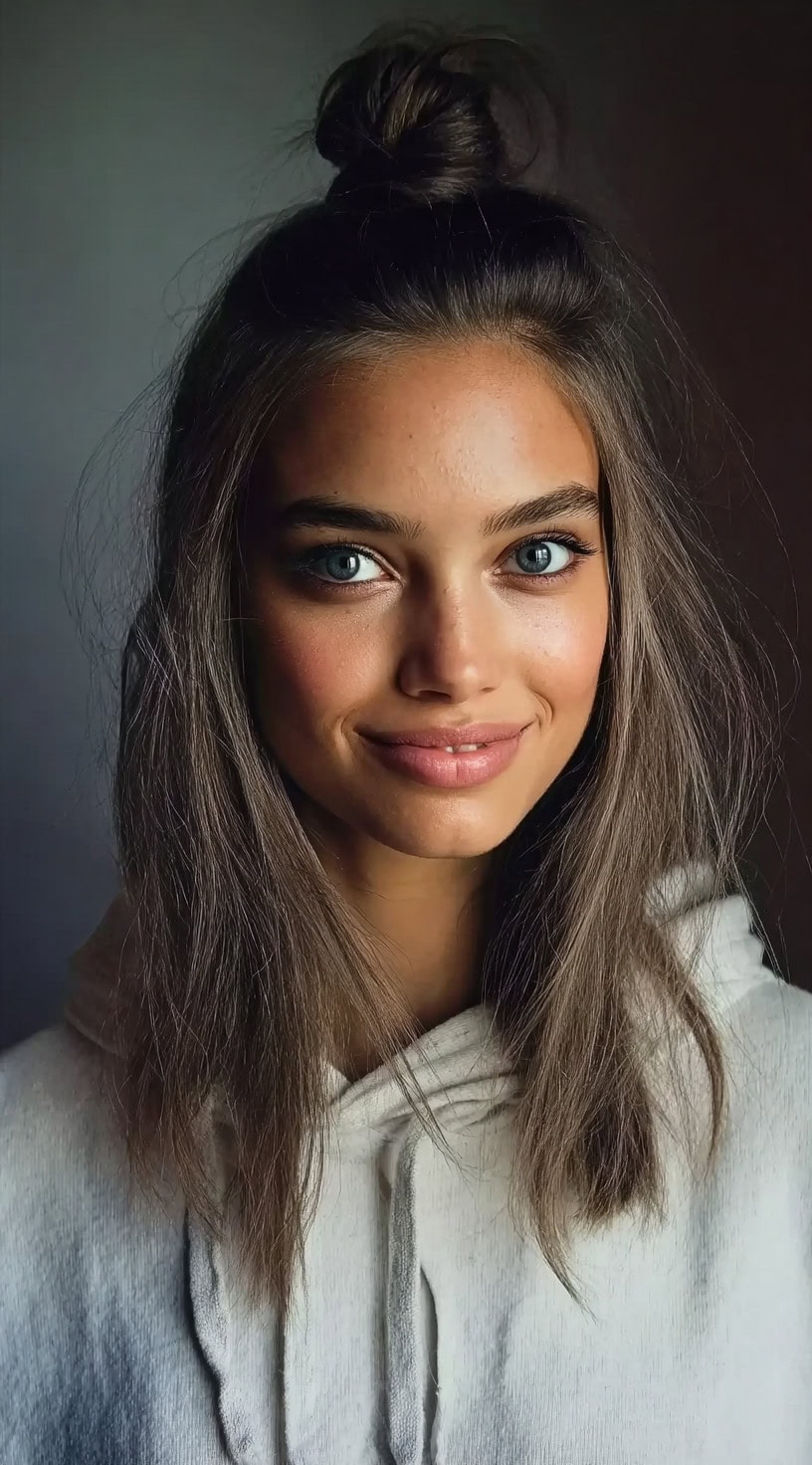 A woman with natural-looking textured brown hair in a half-up top knot, wearing a hoodie and smiling softly.