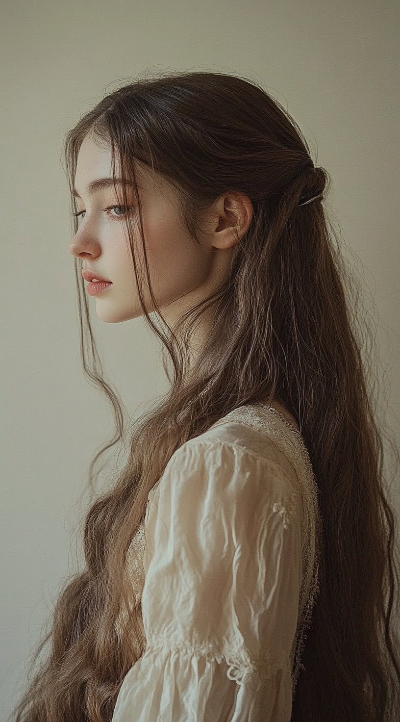 Side profile of a woman with half-up twisted hair and soft, cascading waves.